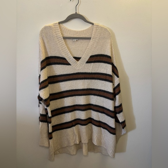 American Eagle Outfitters Cream and Brown Striped V-Neck Sweater - Picture 2 of 7